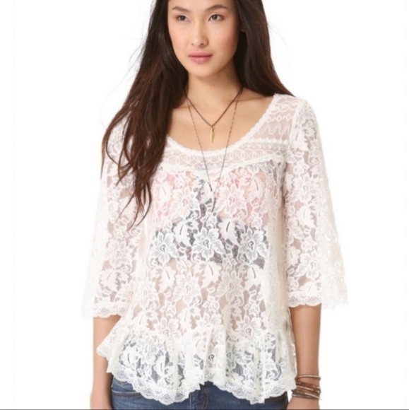 Free People (Women’s Small) Ivory Sheer Lace 3/4 Length Sleeve Baby Doll Blouse - Picture 8 of 8